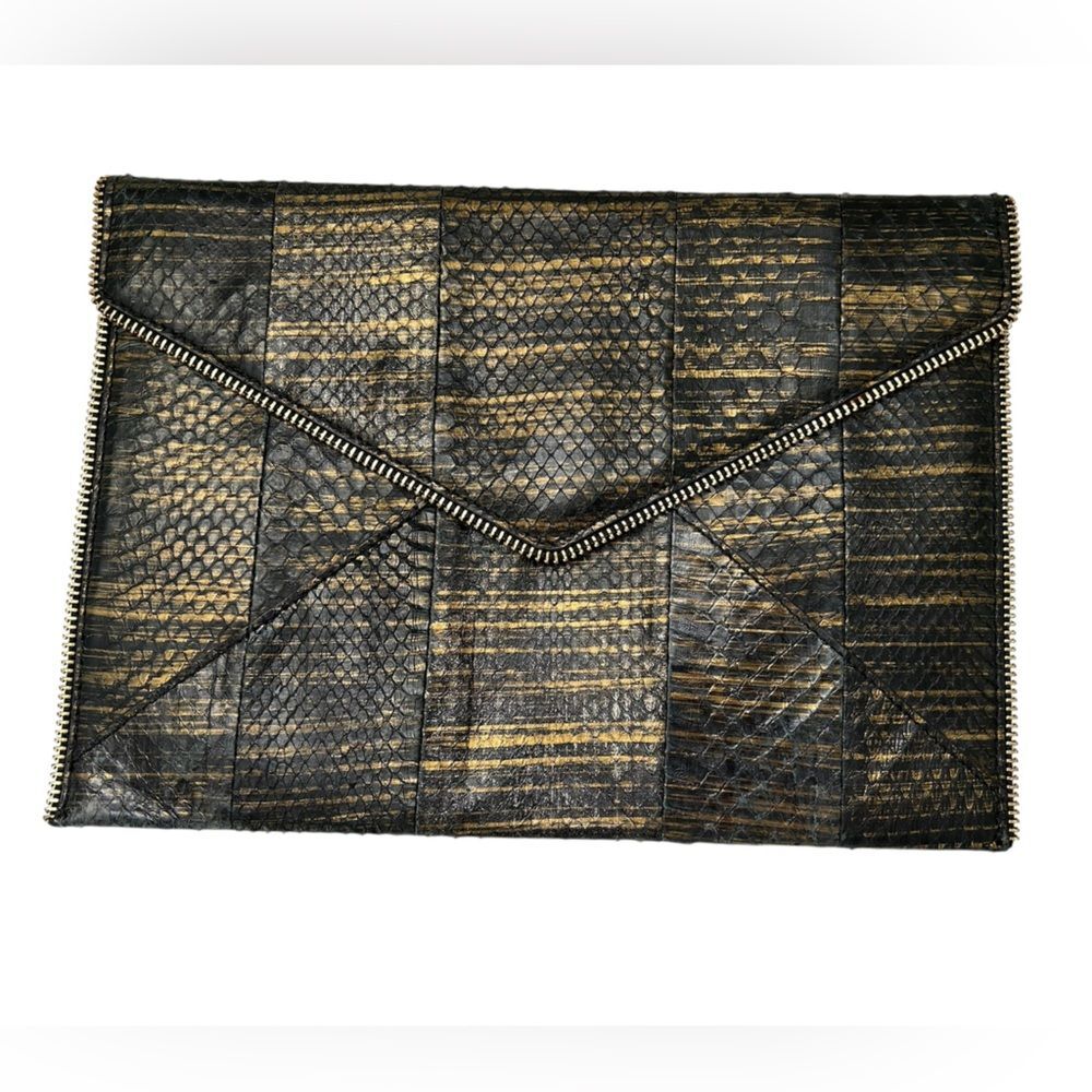 Rebecca Minkoff Black Leather Leo Envelope Clutch Gold Zip Trim